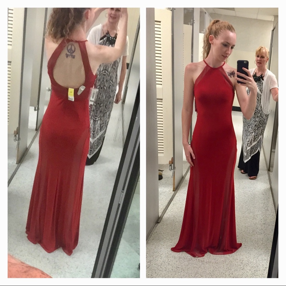 Red open back prom formal black tie dress size 1/2
